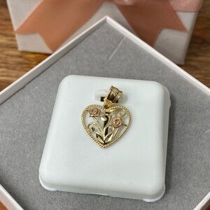 14K Two-tone Gold Heart Flower Pendant